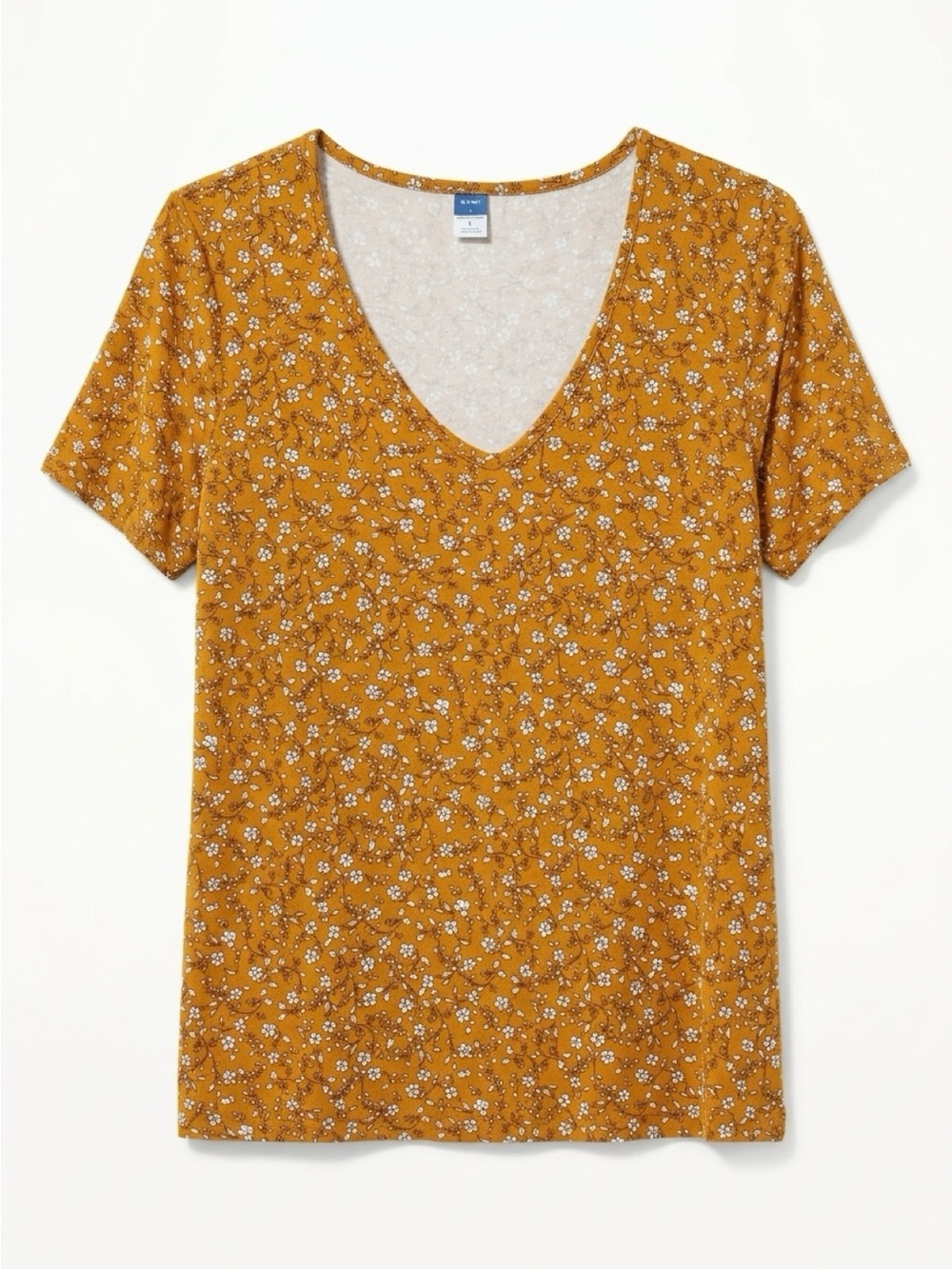 Old Navy Mustard Floral V-Neck Short Sleeve Tee Size Small Tall